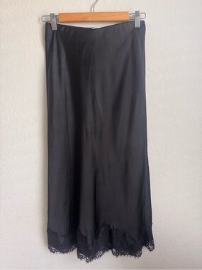 OAK + FORT Black Satin Maxi Slip Skirt with Lace Hem